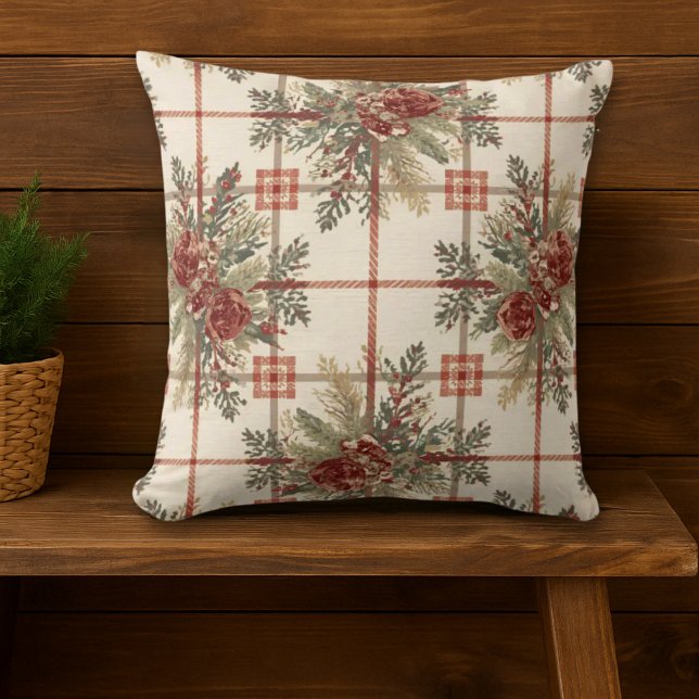 Almofada Padrão Rustic Xadrez Pinecone (vintage rustic holiday throw pillow)