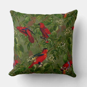 Almofada Padrão Selvagem Floral de Papagaio Vermelho Antiq