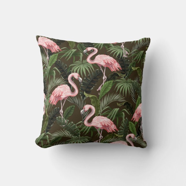 Almofada Padrão sem costura com flamingo e folhas tropicais (Frente)