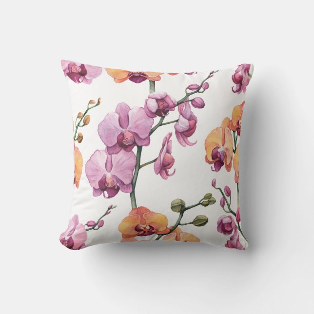 Almofada Padrão sem costura com flores de orquídea aquarela (Frente)