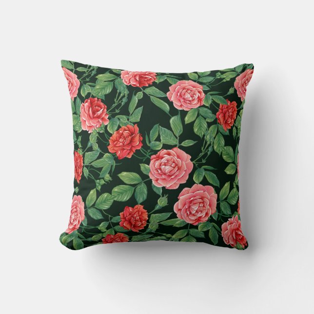 Almofada Padrão sem costura com flores de rosa vermelha. Co (Frente)