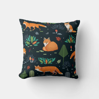 Almofada Padrão sem costura com raposas, árvores, folhas, c
