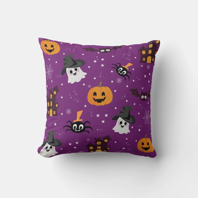 Almofada Padrão sem costura roxo do tema do Dia das Bruxas (Frente)