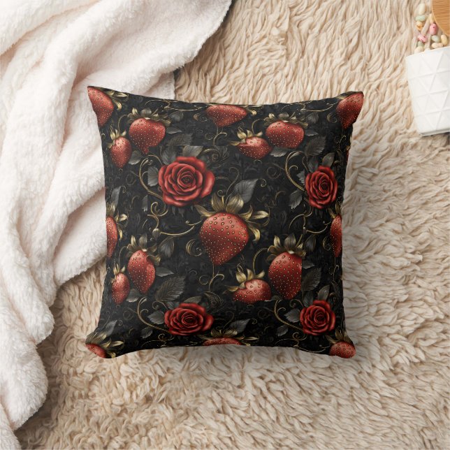 Almofada Padrão Sem Emenda de Morangos e Rosas Barrocas (Cobertor)