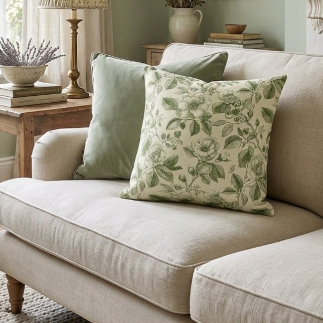 Almofada Padrão Toile Botânico Vintage Verde (Criador carregado)