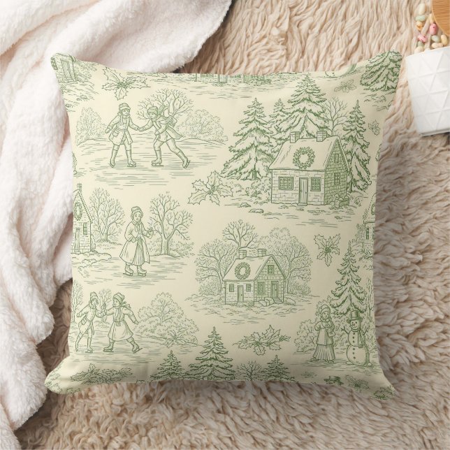 Almofada Padrão Toile de Aldeia de Inverno Verde Suave (Cobertor)