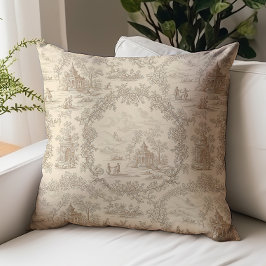 Almofada Padrão Toile de Jouy Bege Antigo País Francês