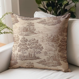 Almofada Padrão Toile de Jouy Country Bege Marrom Vintage