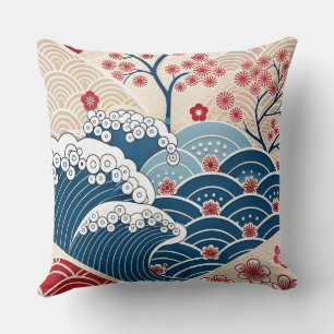 Almofada Padrão Tradicional de Onda Japonesa Vermelho Azul