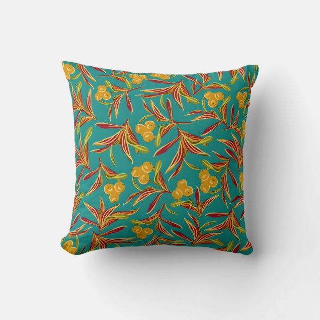 Almofada Padrão Tropical com Folhas Vermelhas e Amarelas (Frente)