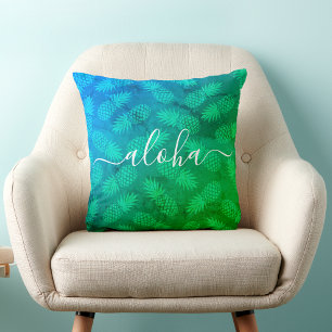 Almofada Padrão tropical de abacaxi verde azul de Aloha Scr