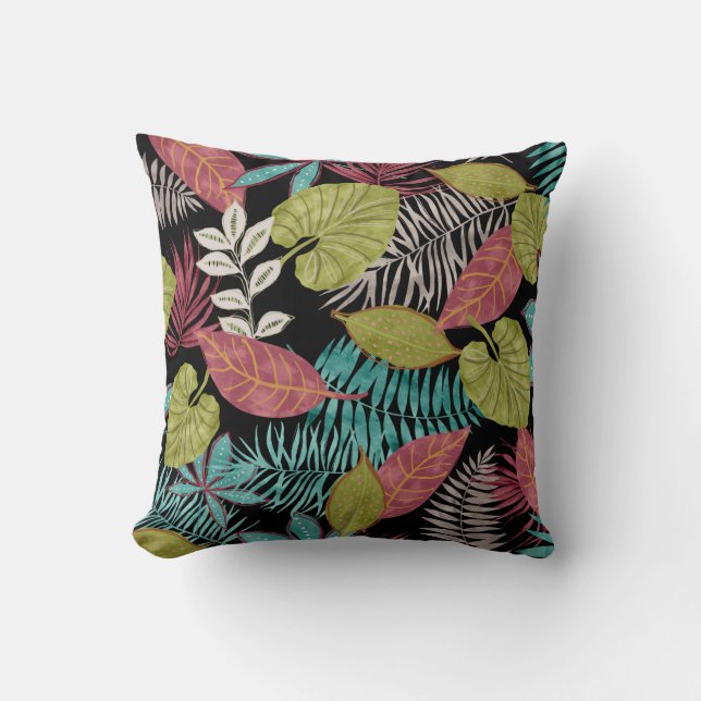 Almofada Padrão tropical feito com fundo escuro e folha (Frente)