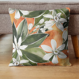 Almofada Padrão Tropical Laranja e Flores de Água