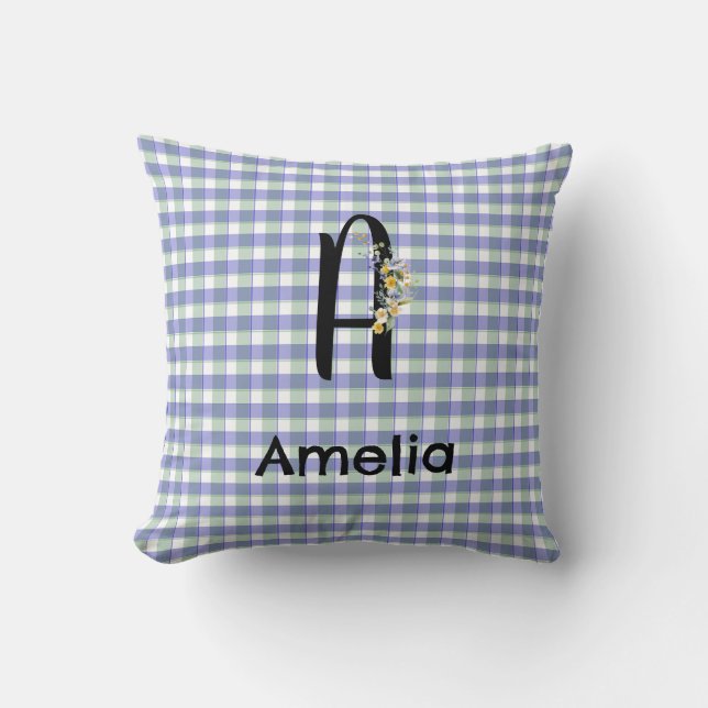 Almofada Padrão verde azul gingham de flor monograma (Frente)