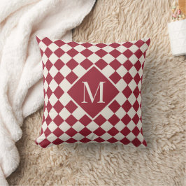 Almofada Padrão Verificado de Creme Vermelho Burgundy Monog
