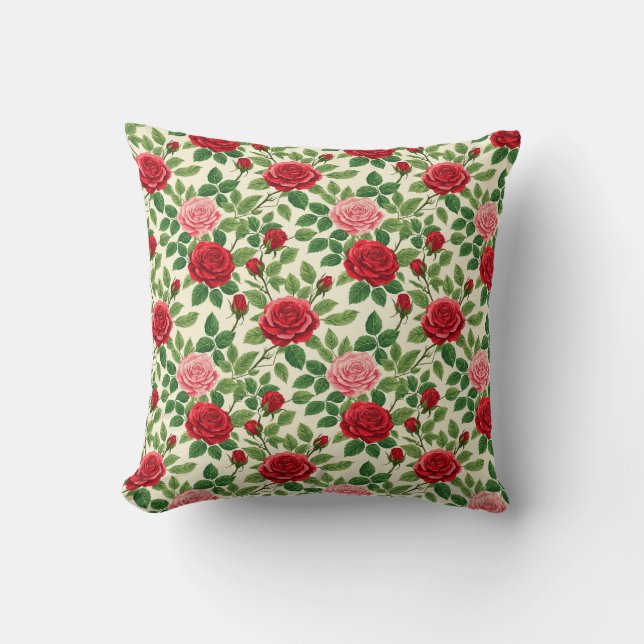 Almofada Padrão Vibrante de Rosas Com Rosas Vermelhas e Ros (Frente)
