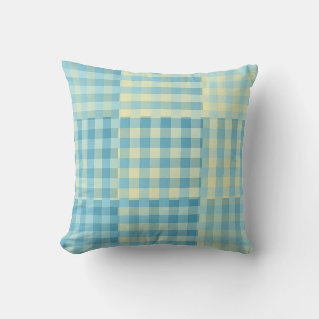 Almofada Padrão Xadrez Amarelo Azul em Patchwork (Frente)