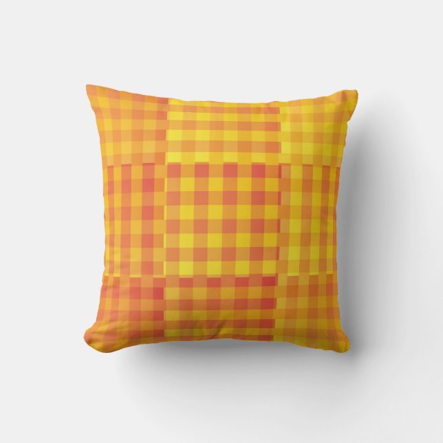 Almofada Padrão Xadrez Amarelo Laranja em Patchwork (Frente)