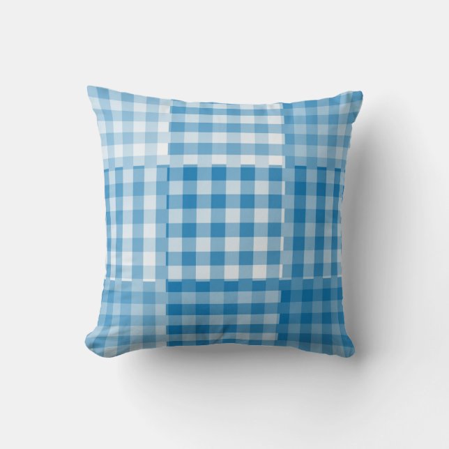 Almofada Padrão Xadrez Azul em Patchwork (Frente)