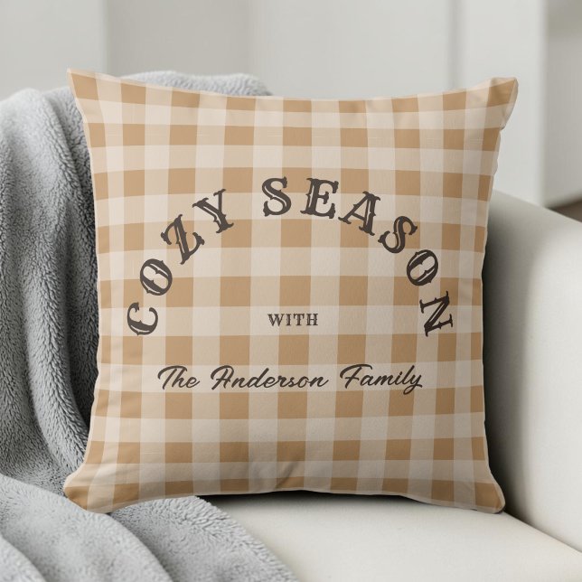 Almofada Padrão Xadrez Ocidental Rústico Script Marrom Pers (Custom Brown Script Rustic Western Gingham Pattern Throw Pillow)