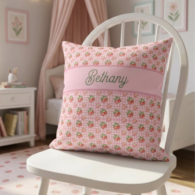 Almofada Padrão Xadrez Rosa Morango Gingham (Criador carregado)
