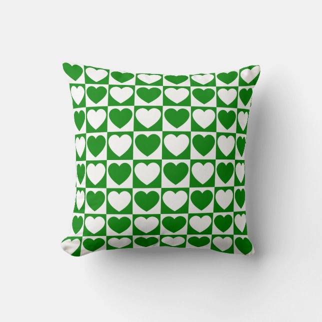 Almofada Padrão Xadrez Verde e Branco Com Corações (Frente)