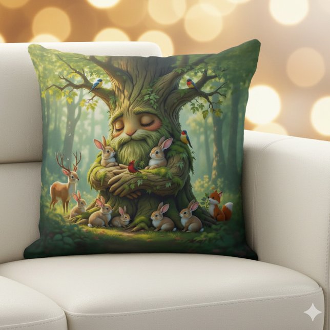 Almofada Padre Whimsic Tree com Criaturas de Woodland (Father Tree with Woodland Creatures Throw Pillow Cover Photo)
