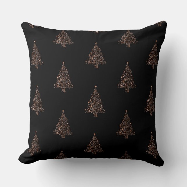 Almofada Padrões de Árvore de Natal Feliz Cobre Preto (Frente)