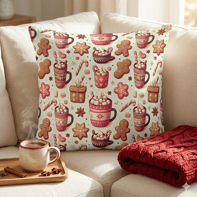 Almofada Padrões de cacau e pão de especiarias (Cozy Christmas Cocoa and Gingerbread Pattern Throw Pillow Mockup A.)