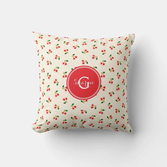 Almofada Padrões de cereja vermelha retrô feminino monogram (Frente)
