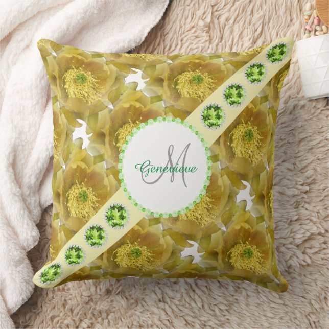 Almofada Padrões de Flores Amarelas, Pedras de Gema Verde e (Cobertor)