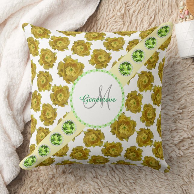 Almofada Padrões de Flores Amarelas, Pedras de Gema Verde e (Cobertor)
