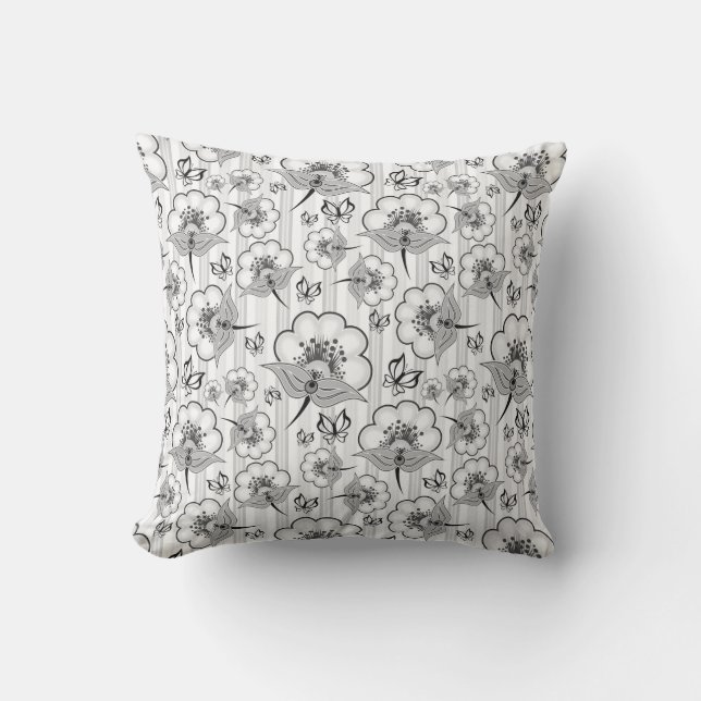 Almofada Padrões de flores contínuas preto e branco fofos (Frente)