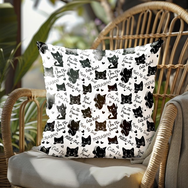 Almofada Padrões de Gatos Pretos e Ditos (Cute Black Cats and Sayings with Hearts Pattern for Cat Lovers and Halloween Throw Pillow)
