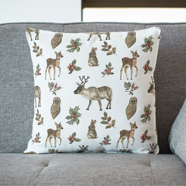 Almofada Padrões de granizo dos animais florestais de madei (Whimsical Woodland Forest Animals Greenery Pattern Pillow)