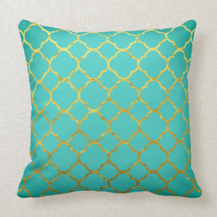 Almofada Padrões Dourados de Quatrefoil Azul-Azul-Seafoam
