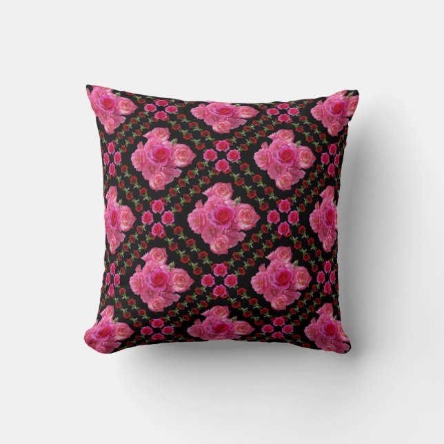 ALMOFADA PADRÕES PRETOS DOS ROSAS VERMELHOS & COR-DE-ROSA (Frente)