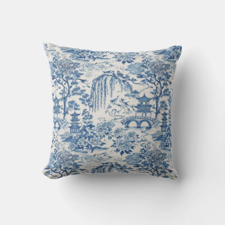 Almofada Pagode Chinoiserie e Pássaros Desenho Floral Azul