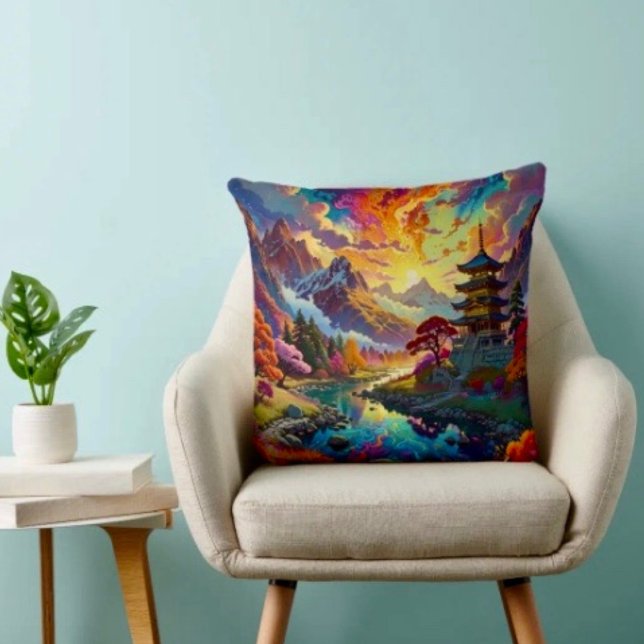 Almofada Pagode e Paisagem Colorida  (Pagoda and Coloured Landscape Throw Pillow High quality 100% polyester hidden zipper enclosure.
)