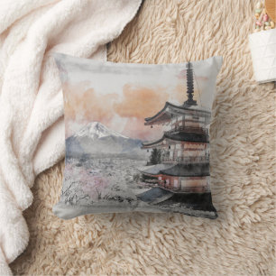 Almofada Pagode Japonesa em Aquarela & Fuji