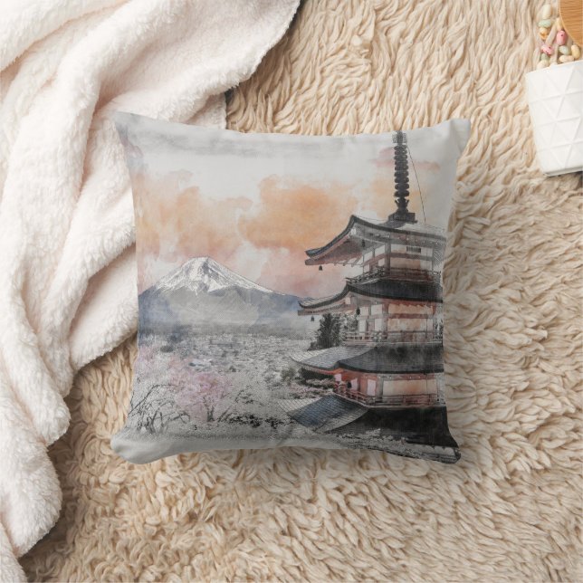 Almofada Pagode Japonesa em Aquarela & Fuji (Cobertor)