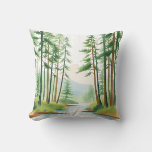Almofada Paisagem da Floresta Serena em Aquarela