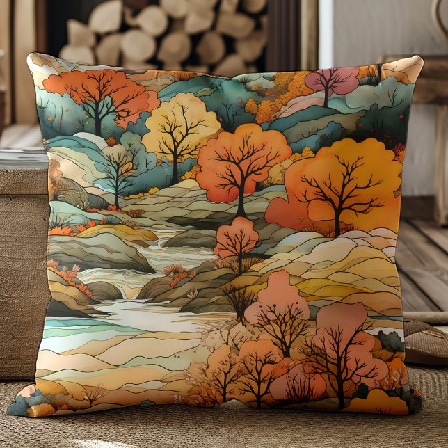 Almofada Paisagem das Árvores do Rio Laranja Castanho (Orange, brown, teal trees and river decorator pillow)