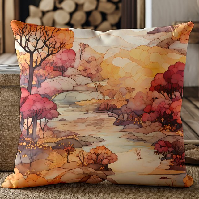Almofada Paisagem de Árvores Vermelhas Laranja-Castanho (Orange, red, and brown trees and river landscape pillow)
