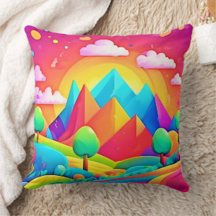 Almofada Paisagem de Cartoon Arco-Íris Vibrante