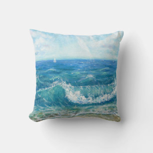 Almofada Paisagem de verão, ondas azuis, pintura acrílica.