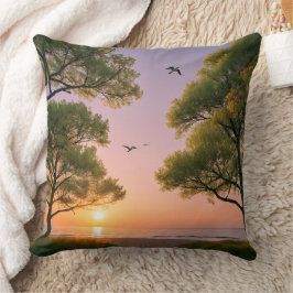 Almofada Paisagem do Oceano ao Pôr do Sol Dourado com Árvor
