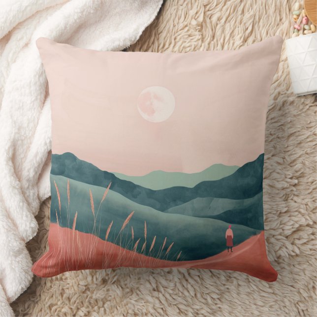 Almofada Paisagem Montanhosa Boho Lua Rosa Verde (Cobertor)