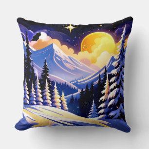Almofada Paisagem Noturna de Inverno Com Montanhas Nevadas
