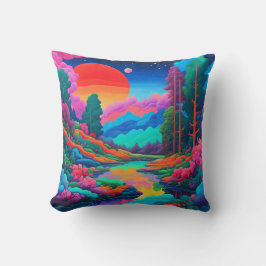 Almofada Paisagem psicodélica arte rosa verde